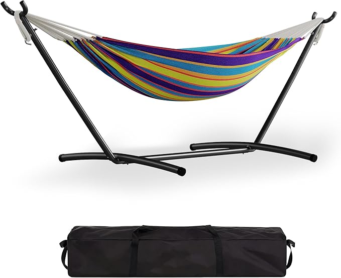 GarveeLife Double 2 Person Hammock Indoor Outdoor Standing Hammock with Space Saving Steel Stand Carry Bag 450 LBS Weight Capacity Suitable for Garden Camping Beach Tropical