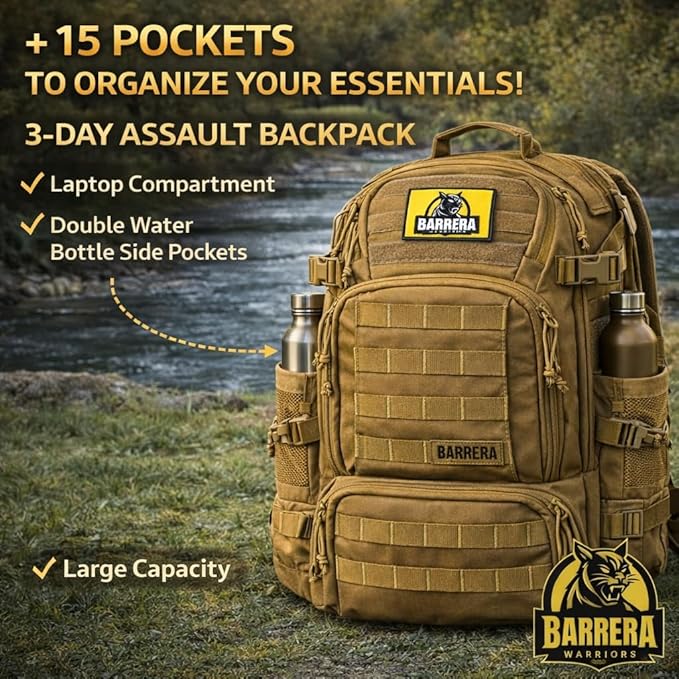50L Tactical Backpack Military Rucksack - Heavy Duty 1000D Waterproof MOLLE Backpack Large Capacity 3 Day Assault Bag for Camping Hiking Survival Bug Out Bag (Coyote Brown/ Tan/ Military Tan)
