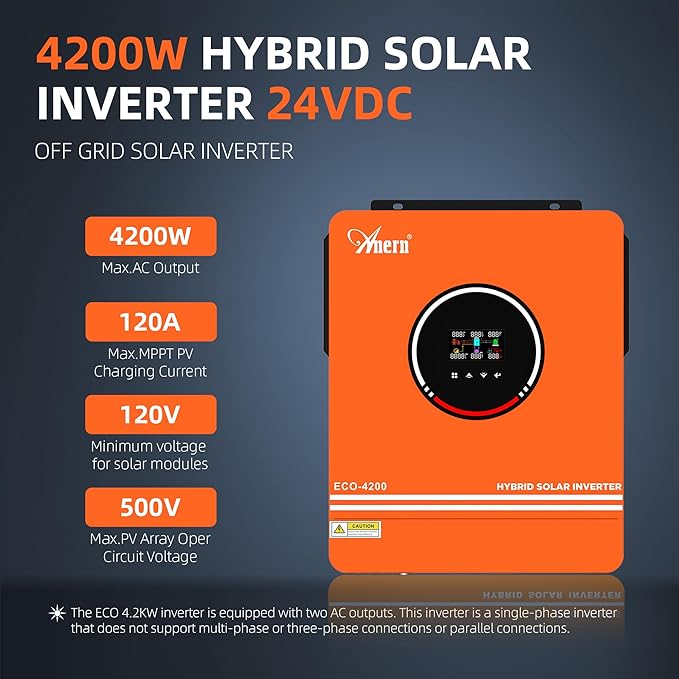 4200W Hybrid Solar Inverter 24V DC to 220-230VAC Pure Sine Wave Solar Inverter with 120A MPPT Solar Charge Controller Fit for 24V Lithium Lead-Acid Gel Battery Home Backup RV Off-Grid System