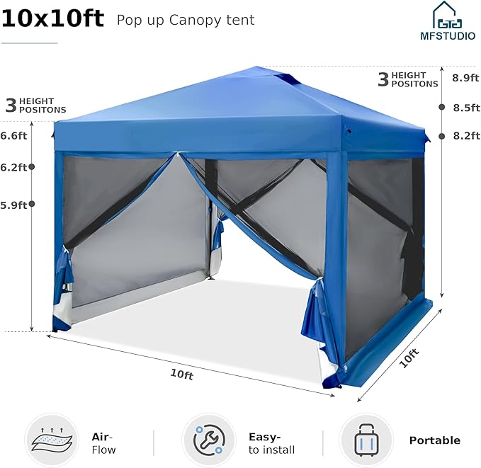 MFSTUDIO 10'x10' Pop Up Canopy Tent with Netting Portable Instant Folding Canopy Outdoor Canopy Screen Event Tent with 4 Zippered Mesh Netting for Garden Blue