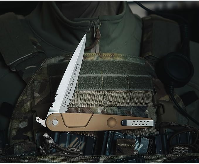 Extrema Ratio - BD4 Contractor (Desert) Folding Knife Bhler N690 Steel Blade Stone Washed Finish Smooth Aluminum Handle Ergonomic Design Reversible Clip