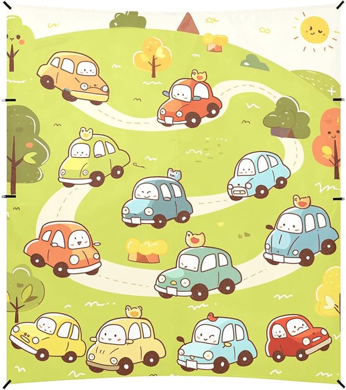 Cute Cartoon Cars Doodle Style Beach Canopy UPF50 Easy Setup Sun Shelter with Sand Pockets for Camping Picnics Backyard &amp Fishing
