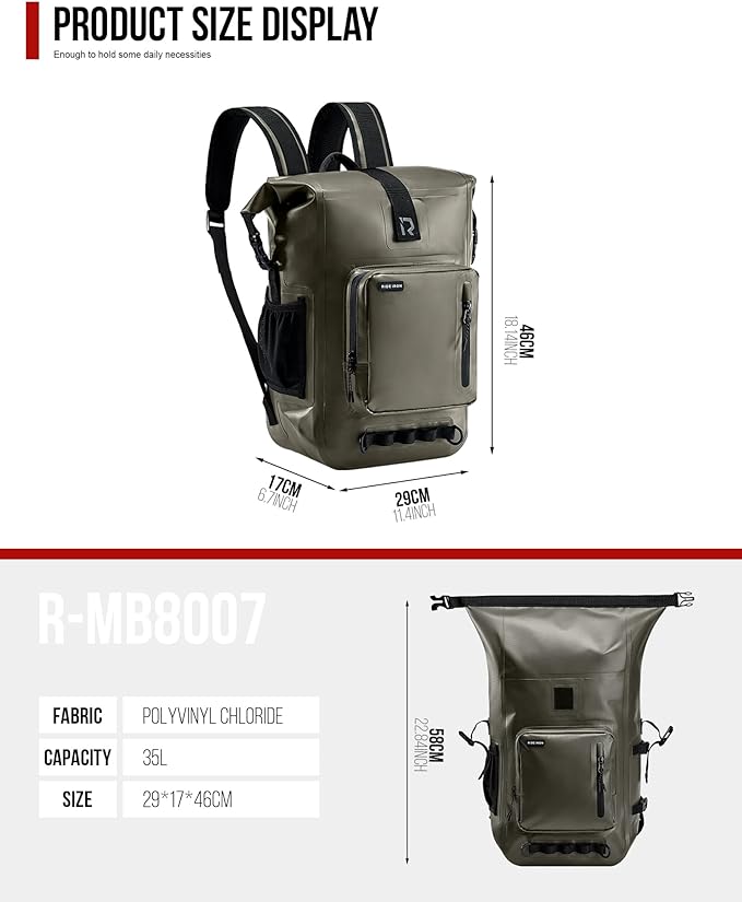 RIDEIRON Waterproof Backpack Motorcycle Dry Bag with Roll Top Closure for Kayaking Travel Surfing Boating Fishing Camping (Olive 35L)