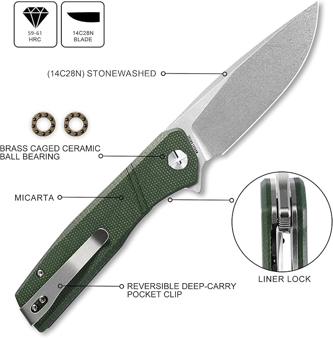 IOI Task Force I51186 Pocket Knife for Men – 14C28N Stonewashed Folding Blade Green Micarta Handle EDC Folding Knife with Clip Enhanced with Custom Left-Side Clip for Camping &amp Everyday Carry