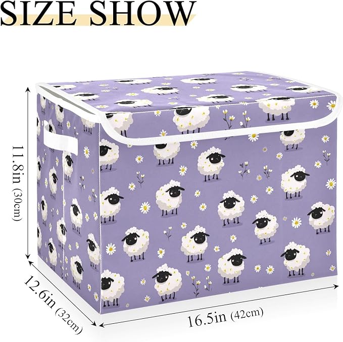 Lavender Sheep and Daisy Collapsible Storage Bins with Lids Decorative Fabric Cubes Closet Organizer Basket Boxes Containers for Clothes Box Chest Folding Rectangle