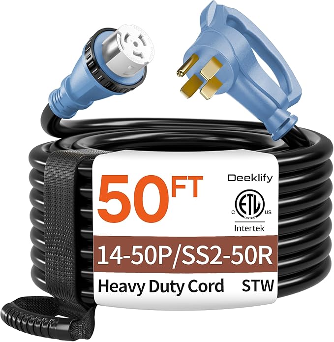 50FT 50 Amp Generator Cord NEMA 14-50P/SS2-50R Heavy-Duty 4 Conductors Cable Pure Copper STW RV Extension Cord Female Plug with Twist Lock Suitable for RV or Camper ETL Listed