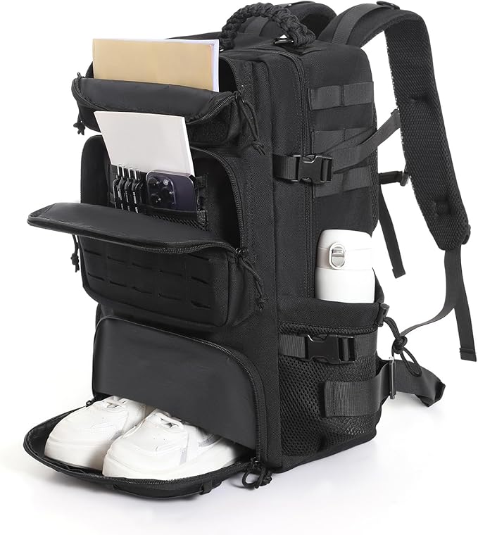 Tactical Backpack for Men 35L Travel Military Backpack with Shoe Compartment 1000D Water Resistant Molle Army Tactical Gear Assault Pack Bag Rucksack for Outdoor Survival Hiking Gym Black