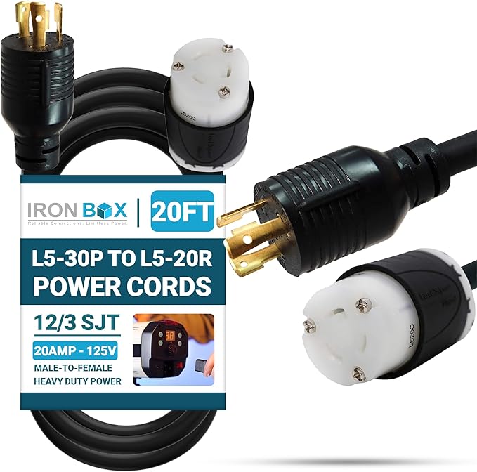 IronBox Electric NEMA L5-30P to L5-20R Plug Adapter Power Cord - 20A125V 12/3 SJT - UL Listed Power Cable - Heavy Duty Extension Cord for Generator Data Centers Outdoor &amp More (20ft Custom Bu