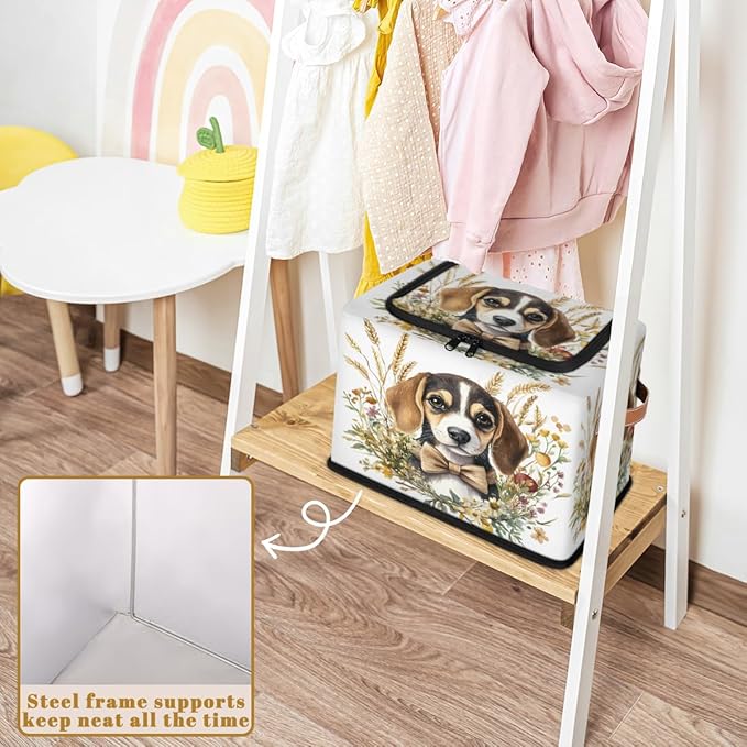 Beagle Dog Storage Box with Lid Golden wheat ears Collapsible Storage Bins Baskets Cubes Closet Shelf Clothes Organizer Containers with PU Leather Handles