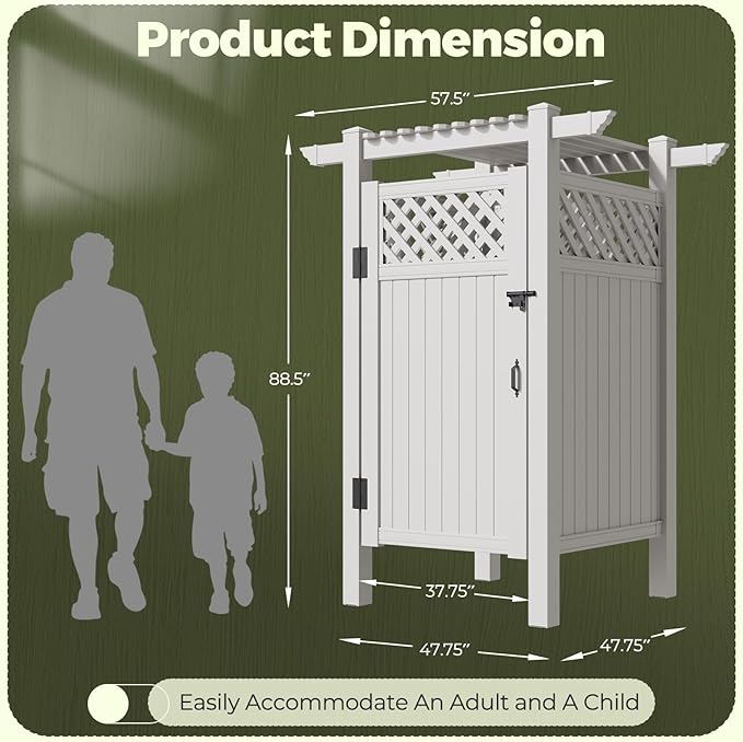 EROMMY 88.5H x 57.5W x 47.75L White PVC Outdoor Shower Enclosure with Door Weatherproof Privacy Stall for Pool &amp Beach Durable Vinyl Construction（Grid-panel with roof）