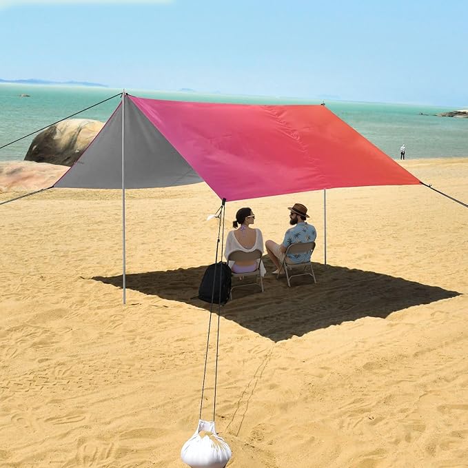 Purple Orange Gradient Beach Tent &amp Canopy UPF50+ Easy Setup Sun Shelter with Sandbags &amp Sand Shovel for Backyard and Camping