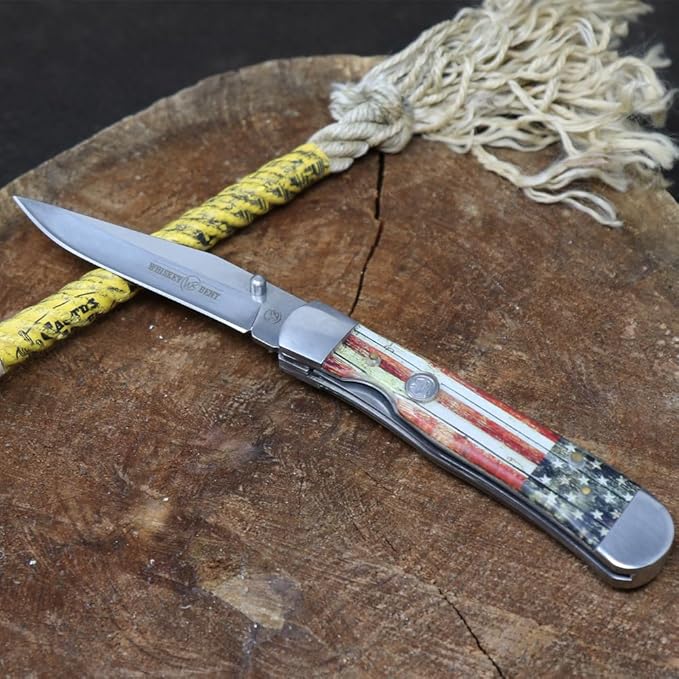 WHISKEY BENT HAT CO. Locking Trapper Folding Pocket Knife 4.125 Closed Length 440C Stainless Steel Blades (Patriot - Plain Edge)