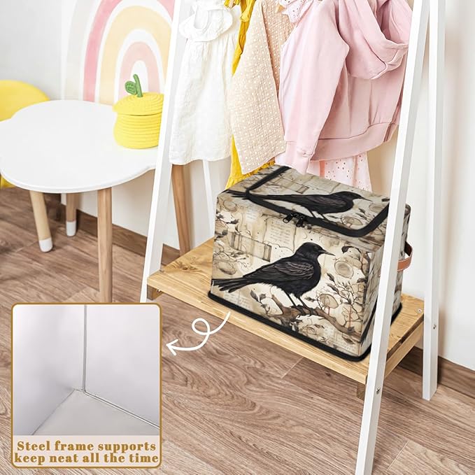 Halloween Crow Storage Bins with Lids Tree Collapsible Cube Storage Basket with Leather Handle Foldable Storage Box with Lids for Organizing Home Closet
