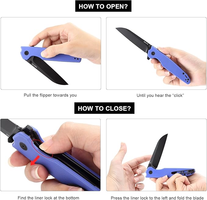D2 Steel Folding Pocket Knife with Reversible Clip: 3.14 Black Sheepsfoot Blade Liner Lock G10 Handle Small EDC Flipper Knives Camping Tool for Man &amp Women Blue