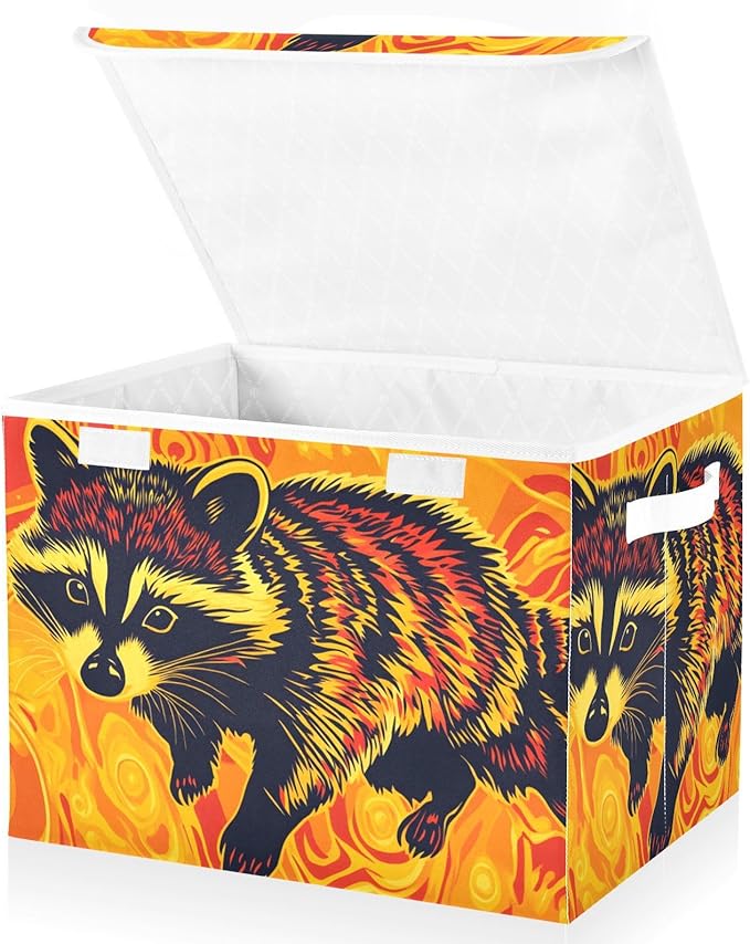 Storage Cube with Lid Surreal Raccoon Print 16.5×12.6×11.8 IN Collapsible Large Capacity Foldable Storage Basket Bin Organizer