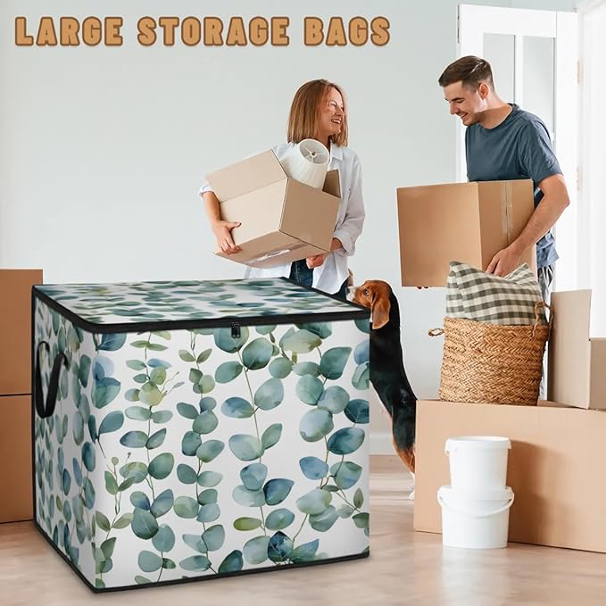 XL Large Clothes Storage with Lid Handle Eucalyptus Leaf Large Thick Clothes Blanket Storage Containers for Organizing Bedroom Closet Comforter Organization Storage Sage Green Spring