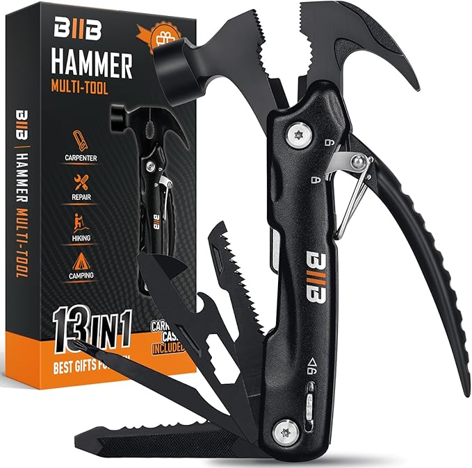 BIIB Gifts for Men 13 in 1 Hammer Multitool Camping Accessories Mens Gifts for Dad Him Boyfriend Anniversary Birthday Gifts for Men Who Have Everything Camping Survival Gear Cool Gadgets