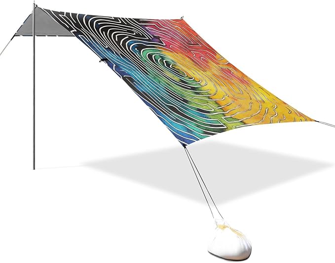 Color Spiral Symphony Foldable Beach Cabana UPF50+ Protection Easy Setup Sun Shelter with Sandbags and Shovel for Camping Picnics Backyard &amp Fishing