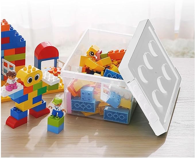 loobuu Plastic Storage Bins with Lids - Stackable Toy Storage Organizer Box Set of 2 Toy Chests with Compatible Building Baseplate and Lid Storage Container for Building Bricks &amp Toys- White