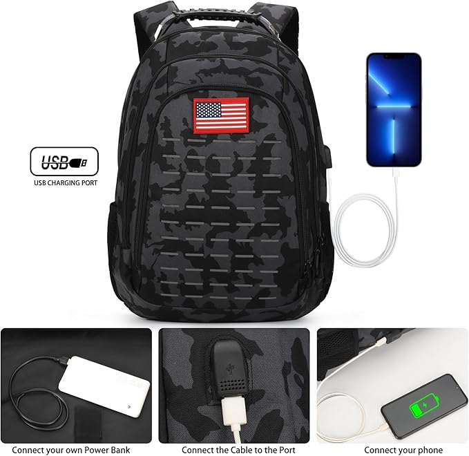 Camo BackpackSmall Tactical Backpack for outdoorMilitary Teen Boys Backpacks for School with USB Charging Port40L