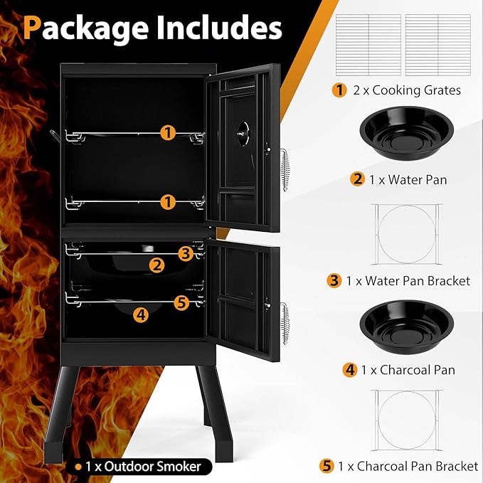 Charcoal Smoker Outdoor Vertical BBQ Smoker with Thermostat 2 Access Doors 2 Cooking Grates 2 Removable Pans &amp 4 Air Vents Meat Smokers Grill for Parties Barbecues and Backyard