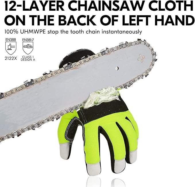 Vgo... 1Pair Chainsaw Gloves 12-Layer Chainsaw Protection on Left Hand BackGoat leather Work Gloves Mechanic Gloves