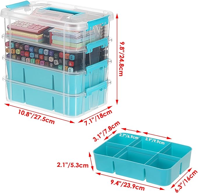 JUXYES 4-Tiers Stack Carry Storage Box With 2 Divided Tray Transparent Stackable Storage Bin With Handle Lid Latching Storage Container for School &amp Office Supplies Blue