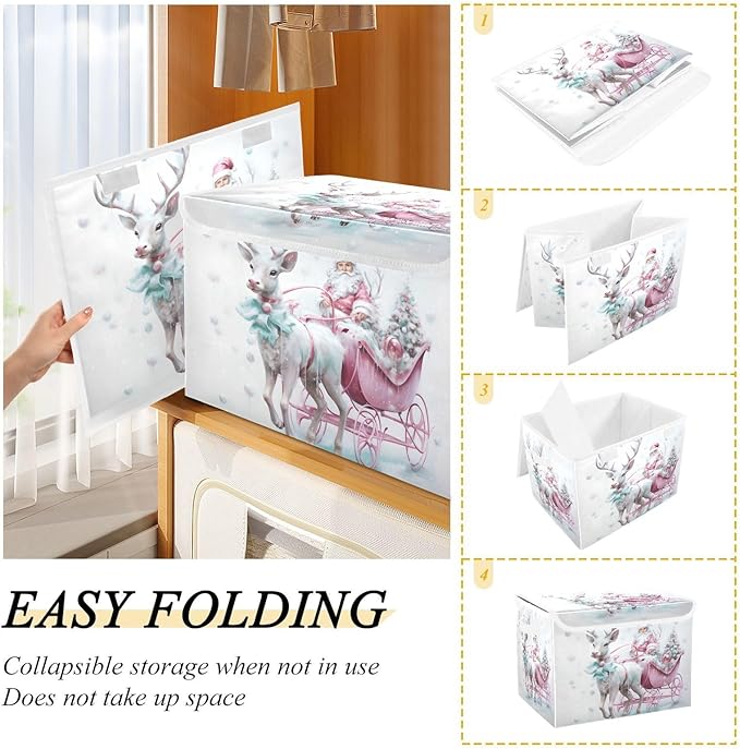 Christmas Baskets Collapsible Storage Bins with Lids Christmas Santa Claus Pink Reindeer Storage Boxes Clothes Baskets for Organizing