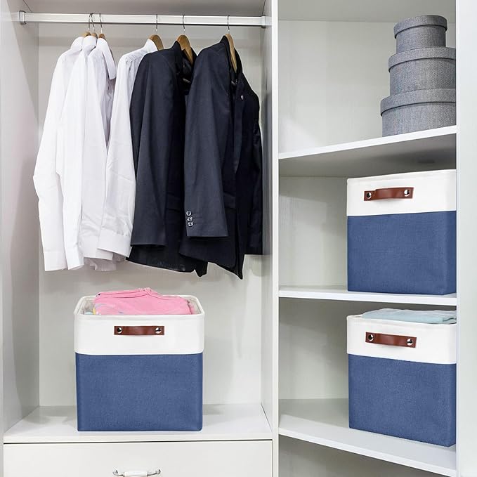 13x13 Cube Storage Bins Collapsible Fabric Storage Box 4 Pack Closet Baskets with Handles for Organizing Shelf Toys Clothes Home Office Nursery (NavyBlue&ampWhite)