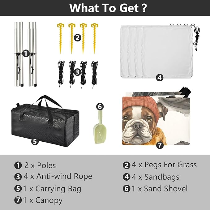 ALAZA Bulldogs with Hat Dogs Beach Tent Sun Shelter UPF50+ Protection Beach Shade Canopy w/ 4 Sandbags for Outdoor Camping Fishing Backyard Fun Picnic 10x9 ft