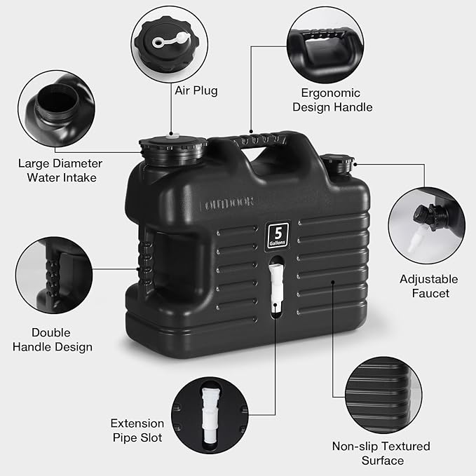 Digury 5 Gallon Water Jug Camping Water Container BPA Free Water Storage with Spigot No Leakage Portable Emergency Water Tank for Outdoor Hiking Camping Picnic Supplies Black
