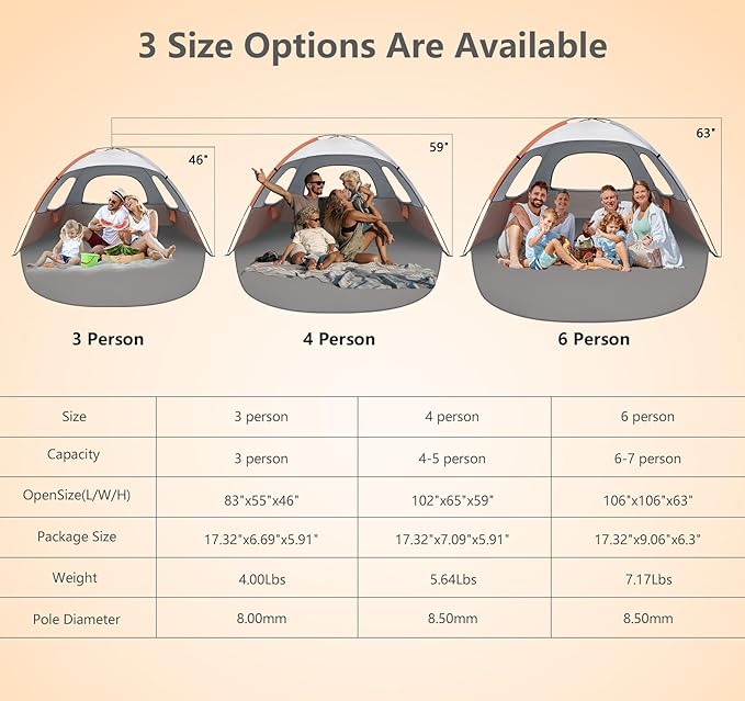 NXONE Beach Tent Sun Shelter with UPF 50+ UV Protection Lightweight Easy Setup Portable Beach Canopy for Family Large Space for Beach Camping &amp Outdoor 3/4/6 Person