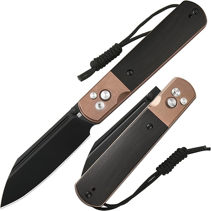 ARTISANCUTLERY Holm Folding Pocket Knife Folding Knife with 3.10'' AR-RPM9 Steel Handle with Rose Gold PVD Steel and Ebony Inlay Button Lock with Safety Switch EDC Knife for Men 1875P Rose Gold