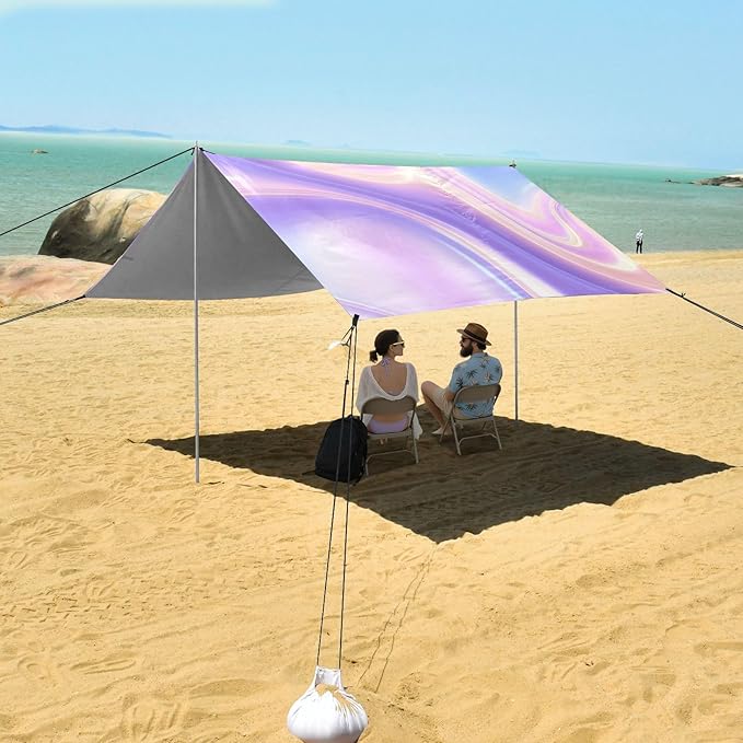 Beach Canopy with Windproof Ropes &amp Sandbags Beach Tent Sun Shade Sun Shelter for Camping Trips Fishing Backyard Fun or Picnics Purple Texture