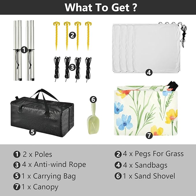 xigua Wildflowers Beach Tent Sun Shelter with Carrying Bag - Silver Coated Oxford Fabric Beach Canopy for Beach Camping Fishing - Includes Windproof Ropes Sandbags &amp Stakes