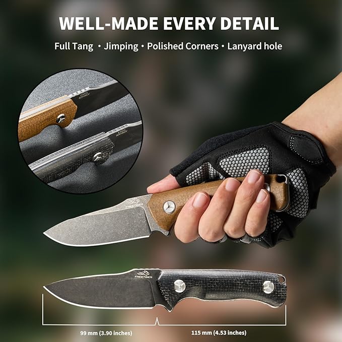 Fixed Blade Knife with Kydex Sheath &amp Clip 3.9 8CR Steel Blade Micarta Handle Full Tang Camping Knife for Outdoor Adventures Bushcraft Survival Hunting Hiking FX01 (Brown)