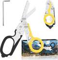 6 in 1 trauma shears folding emergency shear Outdoor Camping Tools Seat Belt Cutter Oxygen Cylinder Wrench Complimentary Adjustable Wrench (Black Yellow)