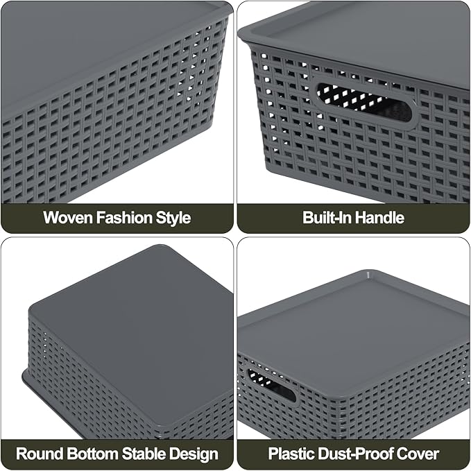 Gray Plastic Storage Basket Bins with Lid 6-Pack Stackable Baskets with Lid 14.05 x 11.65 x 5.31