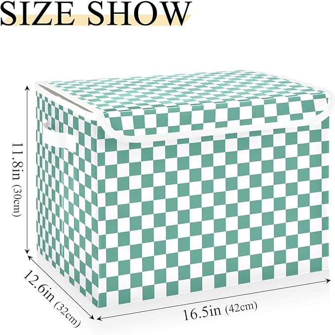 Green White Checkerboard Storage Baskets Lidded Bin Foldable Storage Boxes Cubes Lids with 2 Handles for Organizing Closet Home Office