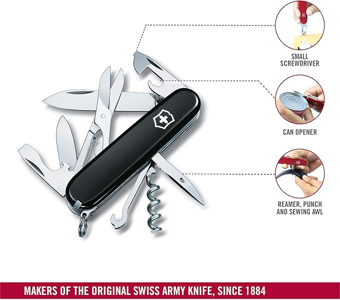 Victorinox Climber Swiss Army Knife 14 Function Swiss Made Pocket Knife with 2 Blades Corkscrew and Screwdriver - Black