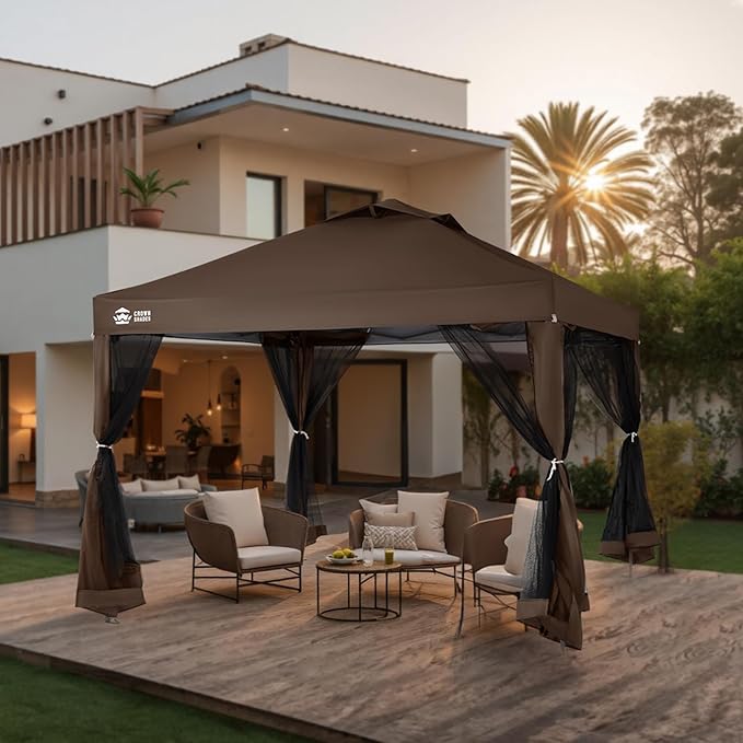 CROWN SHADES Gazebo 10x10 Pop Up Canopy with Mosquito Netting Screen Tent with 4 Ropes 8 Stakes 4 Sandbags and Wheeled Storage Bag Canopy for Patio &amp Backyard PartiesCamping&ampEvents -(Coff
