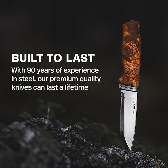 HELLE Knives - Alden - Outdoor Fishing Knife Stainless Steel Drop Point Blade Curly Birch Handle Fixed Blade With Sheath Handcrafted