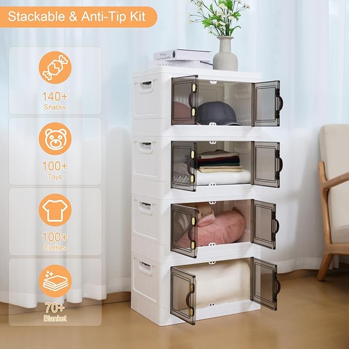 MOONEDGE 35QT Plastic Stackable Storage Bins with Lids Collapsible Organizer with Magnetic Doors &amp Hidden Locking Handles Storage Cabinet for Pet Closet Living Room Pantry &amp Office Organi