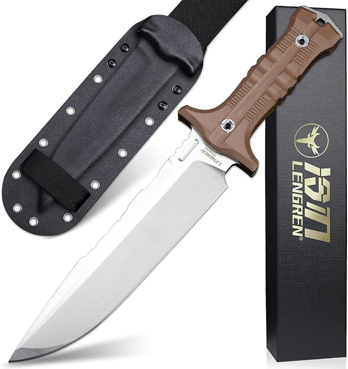 Dragon 12.8 Inch Sleipner Steel Full Tang Fixed BladeOutdoor Camping Tactics KnifeSatin PolishingG10 Handle with leggings Kydex Sheath (Brown handle white blade)