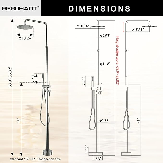 RBROHANT Freestanding Outdoor Shower Nickel Height Adjustable Outside Showers for Backyard Garden Pool Beach Outdoor Shower Fixtures with 10” Rain Shower Head and Handheld Brushed Nickel JK0317