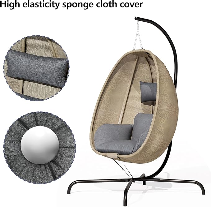 ALAULM Foldable Egg Chair with Stand 485LBS Capacity Textilene Hammock Swing Chair for Outdoor &amp Indoor Hanging Chair with Strong Frame &amp UV Resistant Cushion for Balcony Bedroom Light Gra