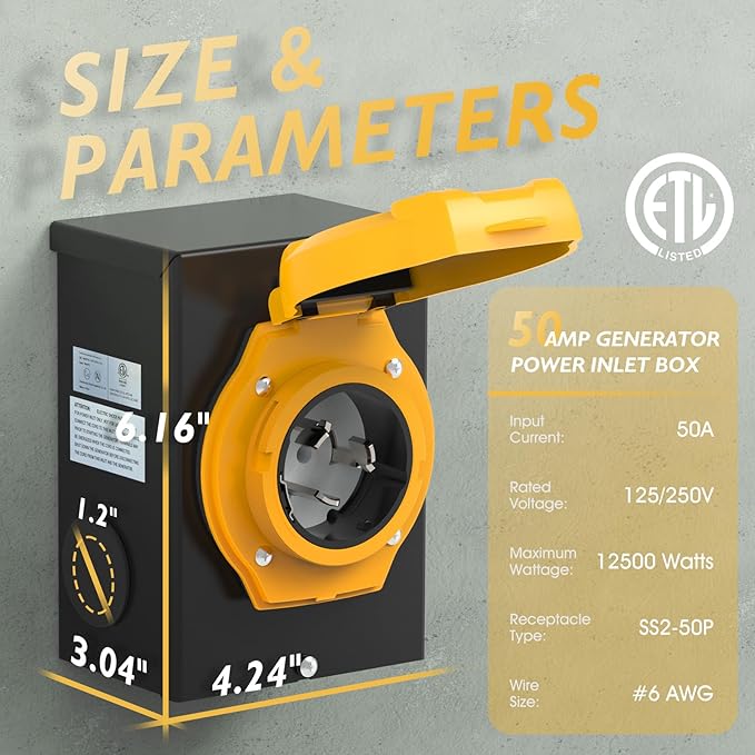 TOOLIOM 50 Amp Generator Cord 50FT and 50 Amp Generator Inlet Box NEMA 14-50P/SS2-50R Twist Lock 125/250V 12500W 6/3+8/1 AWG SJTW Generator Power Cord Pre-Drilled Generator Inlet Box UL&ampETL Li