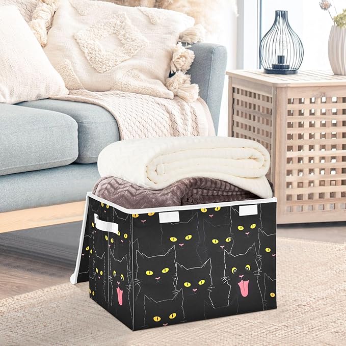 Storage Cube with Lid Cats Black Print 16.5×12.6×11.8 IN Collapsible Large Capacity Foldable Storage Basket Bin Organizer