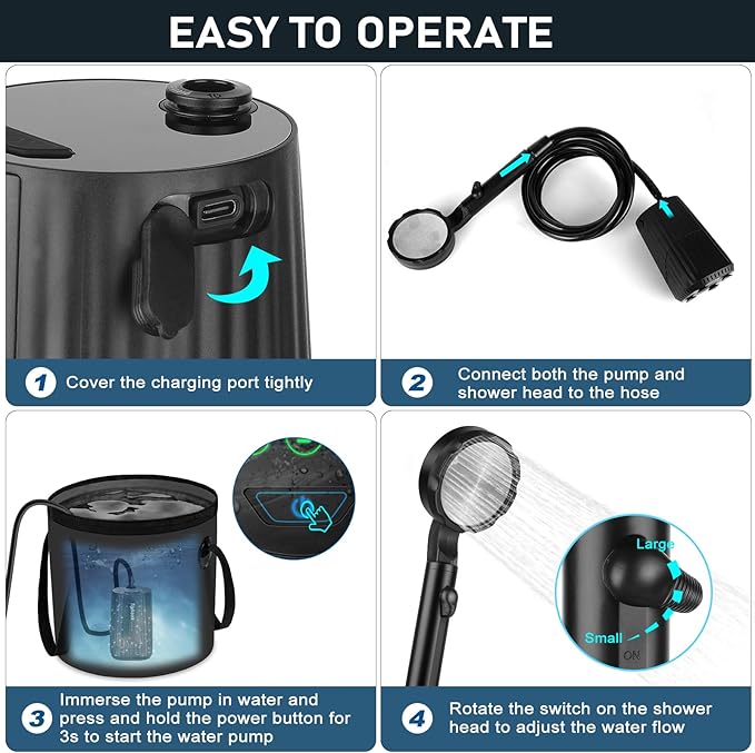 Portable Shower for Camping Essentials: 10000mAh Rechargeable Battery Powered Shower IPX8 Waterproof Camp Shower Pump 5-Speed Outdoor Shower with LED Display Camping Gifts for Men Dog Bath Hiking