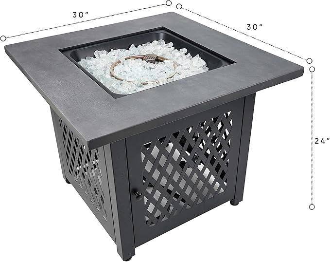 Endless Summer Charles 30 Inch Square Outdoor UV Printed 50000 BTU LP Gas Fire Pit Table with Faux Concrete Mantel Tabletop and Stamped Steel Base